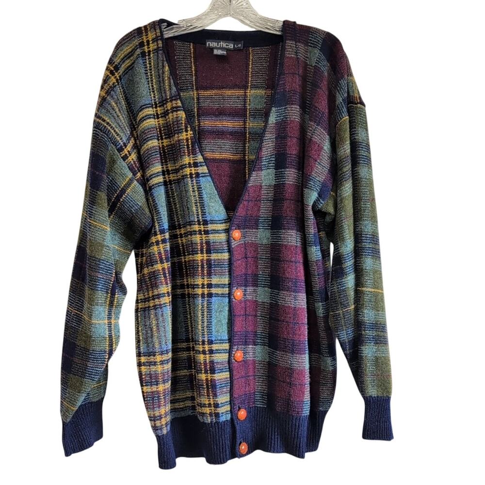 Vintage 90s Nautica Mixed Plaid Wool Cardigan Men's Size Large Retro Grandpacore